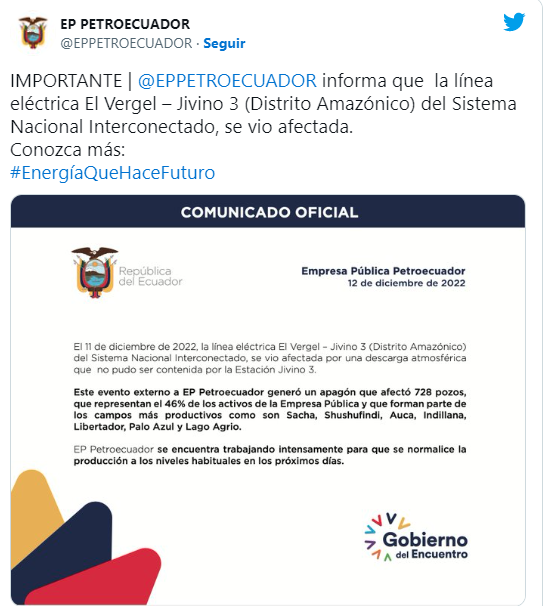 comunicado sobre apagon ecuador