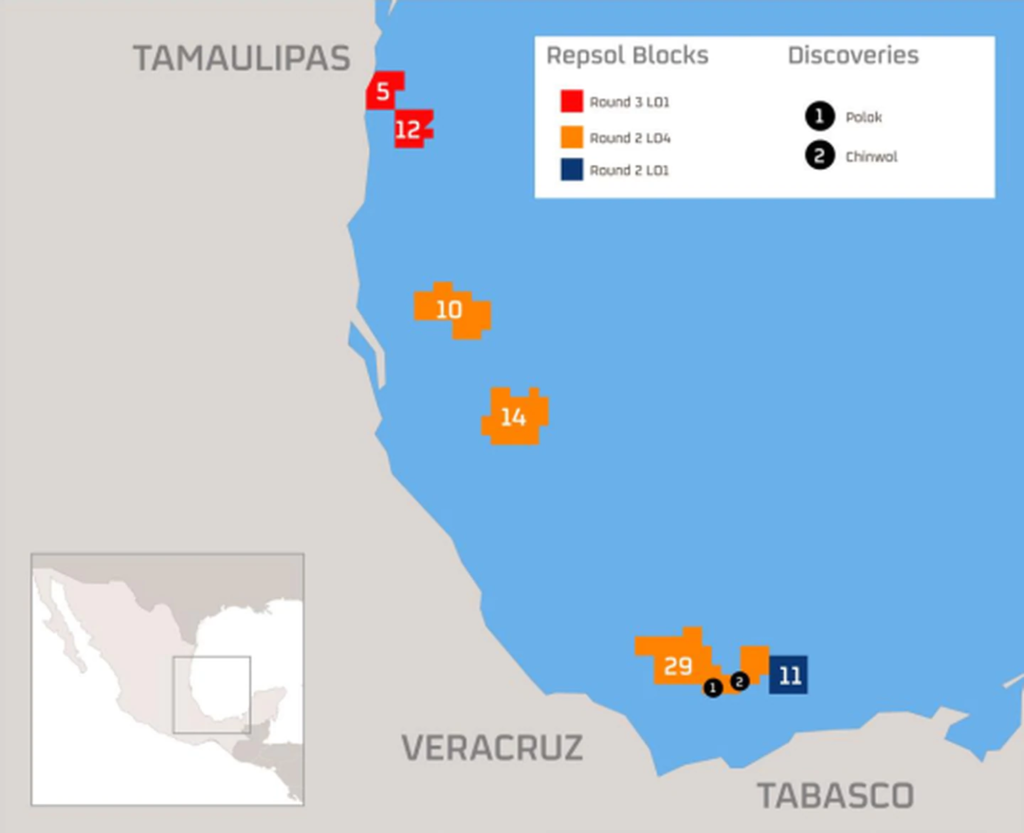 Mapa de Repsol Mapa del Golfo de México con los bloques de Repsol en aguas profundas de México donde se encuentran los yacimientos Polok y Chinwol.