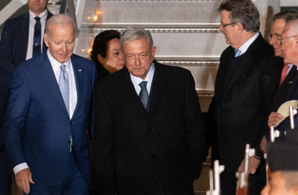 Mexican President Andres Manuel Lopez Obrador (C - R) welcomes the United States President Joe Biden (C - L) with an official ceremony upon Biden's arrival at the Felipe Angeles International Airport in State of Mexico, Mexico on January 8, 2023.