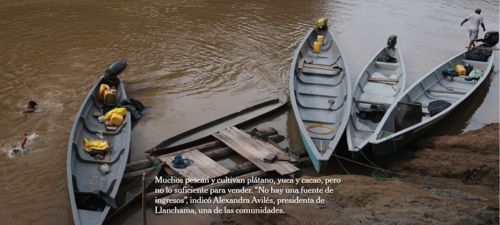 Muchos pescan y cultivan plátano, yuca y cacao, pero no lo suficiente para vender. “No hay una fuente de ingresos”, indicó Alexandra Avilés, presidenta de Llanchama, una de las comunidades.