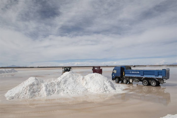 Chile avanza en modelo público-privado de litio a través de Codelco Los trabajadores cargan depósitos de sal en camiones dentro de una planta de
producción de litio de propiedad estatal en Potosí, Bolivia.  