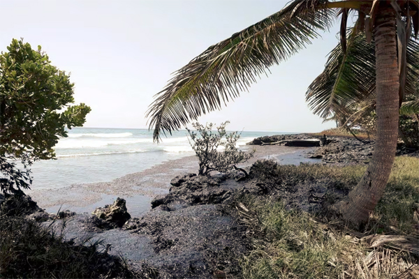 An area affected by an oil spill in Tobago Island, Trinidad and Tobago, is seen in this handout taken February 11, 2024. Office of the Chief Secretary - THA