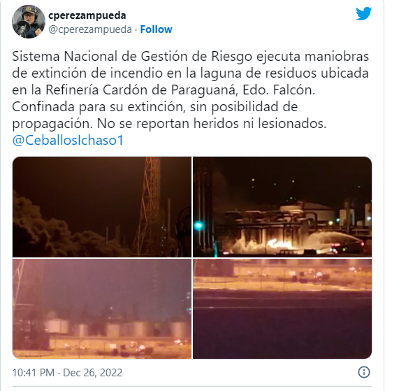 PDVSA cardon refinery fire. The damage in the artificial body of water (a deposit for the waste derived from the refining activity) was confined with no possibility of spreading.
