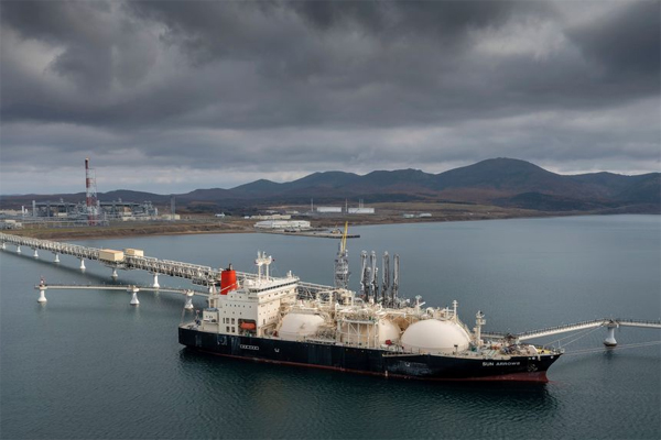 A tanker loads its cargo of liquefied natural gas at the port of Prigorodnoye, Russia.