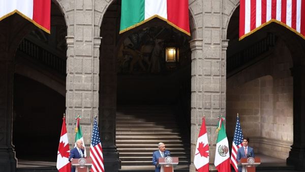 Joe Biden, from left, Andres Manuel Lopez Obrador and Justin Trudeau at Palacio Nacional in Mexico City, on Jan. 10. , Photographer: Hector Vivas/Getty Images