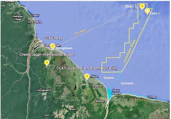 Map showing the location of the proposed oil and gas exploration well, Wei-1 Corentyne Block Guyana