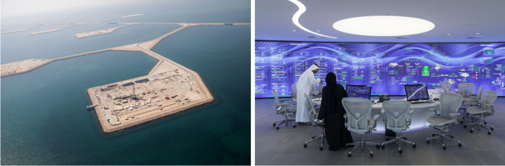 An oil field, left, that is operated by Saudi Arabia’s national oil company, Aramco. Saudi Arabia is relying on offshore oil projects to boost its production capacity by 1 million barrels a day as of 2027. At right, employees work in a command center where oil and gas flow data is monitored at the Abu Dhabi's national oil company, Adnoc.
