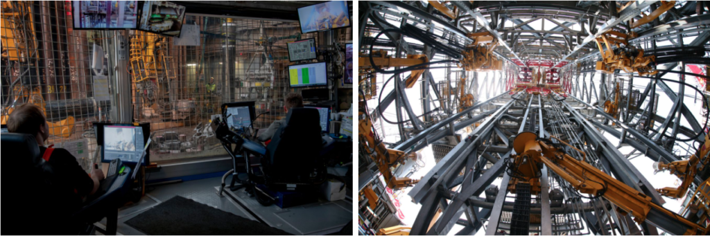Workers operate inside a drillship called Noble Invincible in 2019, left. At right, a view inside the derrick of the Noble Developer in 2008.
