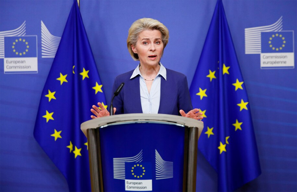 European Commission President Ursula von der Leyen speaks in Brussels on Feb. 22. (Johanna Geron/Pool/AP)
