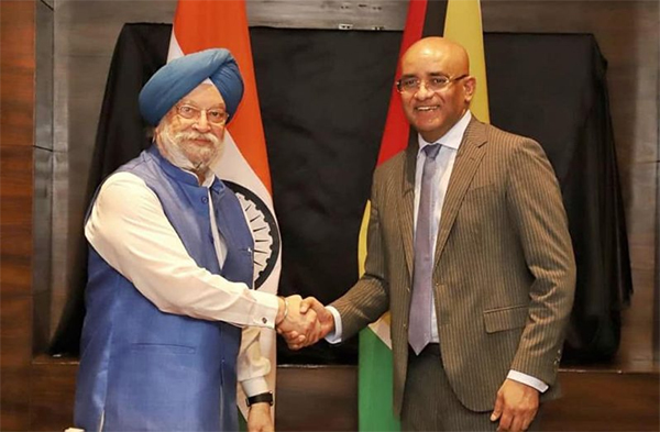 Vice-President, Dr. Bharrat Jagdeo, on Friday, met with Minister of Petroleum and Natural Gas of India, Hardeep Singh Puri. The two held wide-ranging discussions on matters of mutual interests related to the oil and gas sector (Office of the Vice-President photo)