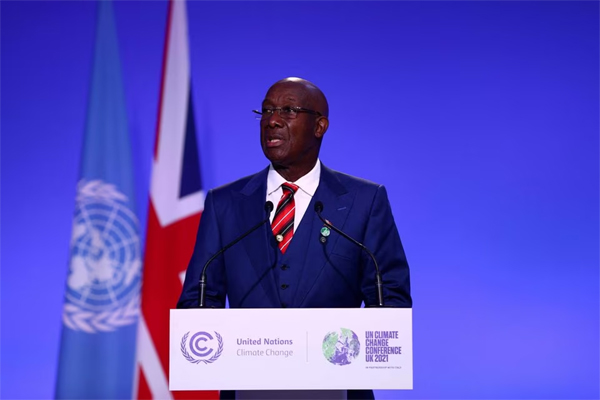 Trinidad and Tobago's Prime Minister Keith Rowley speaks during the UN Climate Change Conference (COP26) in Glasgow, Scotland, Britain, November 2, 2021. 