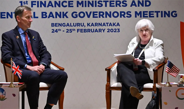 Jeremy Hunt, Britain’s top finance official, with Treasury Secretary Janet L. Yellen in Bengaluru, India, on Friday. Top European officials have expressed their concerns about the Inflation Reduction Act to Ms. Yellen and other Biden administration officials.