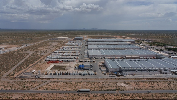 An aerial view of a Foxconn factory in San Jeronimo, Chihuahua state, Mexico, as seen from Santa Teresa, New Mexico on Tuesday, August 9, 2022.  