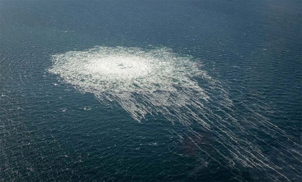 Gas bubbles from the Nord Stream 2 leak reaching surface of the Baltic Sea in the area shows disturbance of well over one kilometre diameter near Bornholm, Denmark, September 27, 2022. (Danish Defence Command)