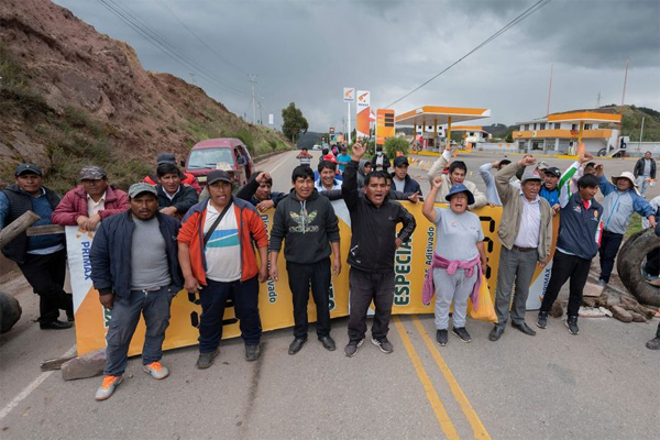 Protesters block a road in Cusco, Peru, Jan. 26.