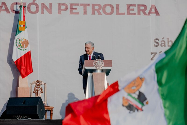 AMLO speaks during the 85th anniversary rally of oil expropriation in Mexico City on March 18.Photographer: Fred Ramos/Bloomberg