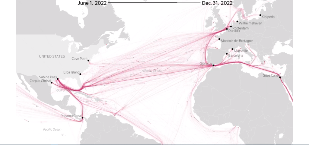 Paths of LNG carrier ships that visited U.S. ports in June through December of last year.. Source: Spire Global
