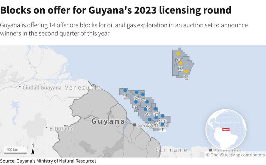 Guyana is offering 14 offshore blocks for oil and gas exploration in an auction set to announce winners in the second quarter of this year