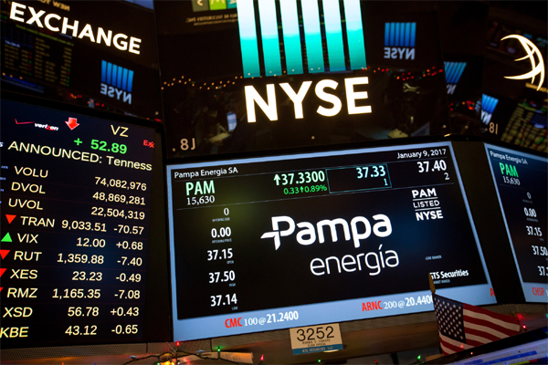 Pampa Energia SA signage is displayed on a monitor on the floor of the New York Stock Exchange (NYSE) in New York, U.S., on Monday, Jan. 9, 2017. Photographer: Michael Nagle/Bloomberg