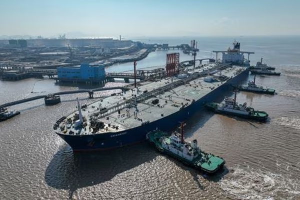 An aerial view shows a crude oil tanker at an oil terminal off Waidiao island in Zhoushan, Zhejiang province, China January 4, 2023. 