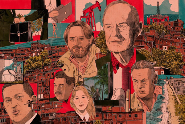 From left: Hugo Chávez, Nicolás Maduro, Francisco Henrique Morillo, Vanessa Acosta Friedman, David Boies and Wilmer Ruperti. Illustration: Nicole Rifkin for Bloomberg Businessweek