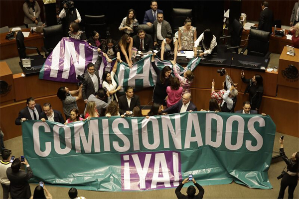Senate President Alejandro Armenta Mier chairs a session as opposition senators take the rostrum in protest at the Senate in Mexico City on April 27. Photographer: Luis Barron/Eyepix Group/Future Publishing/Getty Images