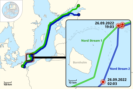 Map of explosions caused on Nord Stream pipelines on September 26, 2022.