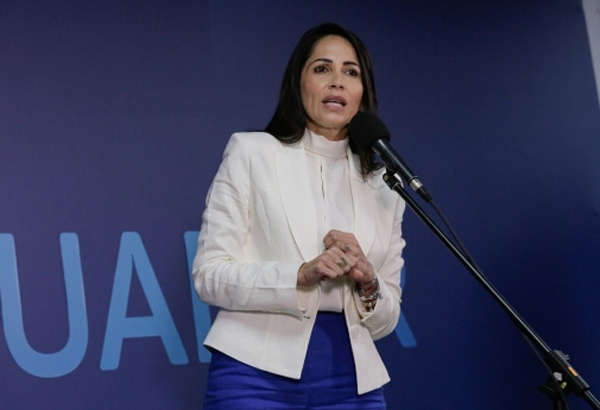 Luisa Gonzlez speaks ahead of the televised debate in Quito on Aug. 13. ,  