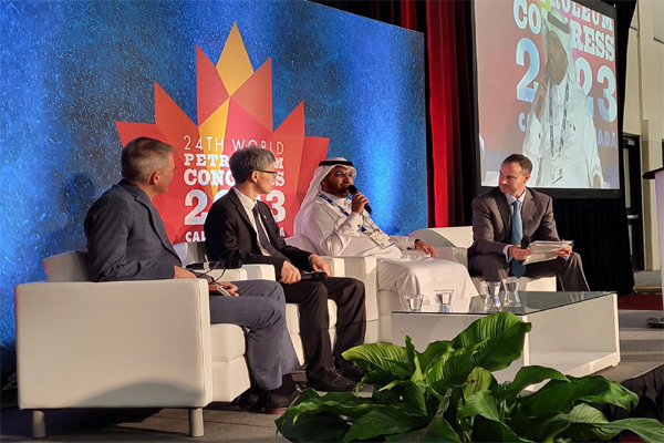 Rayad Alharbi, senior specialist at the Saudi Ministry of Energy, second from right, addressing a panel discussion at WPC in Calgary on Wednesday. (David Ghilotti/Upstream)