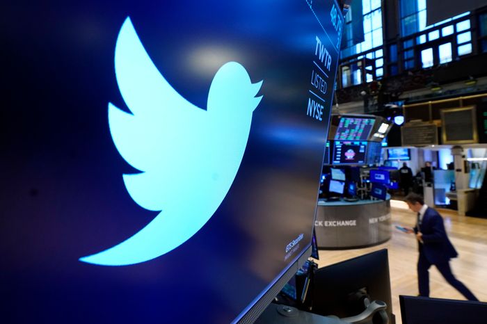 The Twitter logo on the floor of the New York Stock Exchange, November 2021.(Richard Drew/AP)