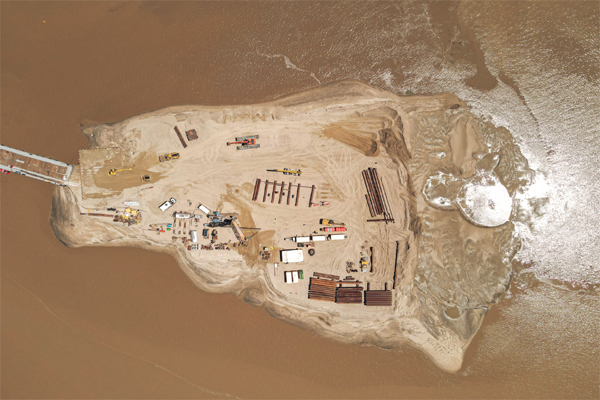 Overshot shot of works on VESHI’s artificial island. It will serve as the SURF base for ExxonMobil’s offshore operations. 