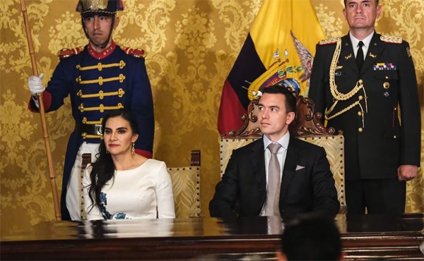 Veronica Abad and Daniel Noboa take part in a swearing-in ceremony for Ecuador's new cabinet in Quito on Nov. 23, 2023. Photographer: Andres Yepez/Bloomberg (Andres Yepez/Bloomberg)